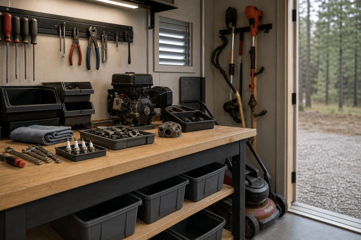 Small-engine repair shed detail with workbench, blank parts bins, hand tools, small engine parts on trays, clean shop towels, yard-tool hooks, wall vent, task light, and durable threshold.