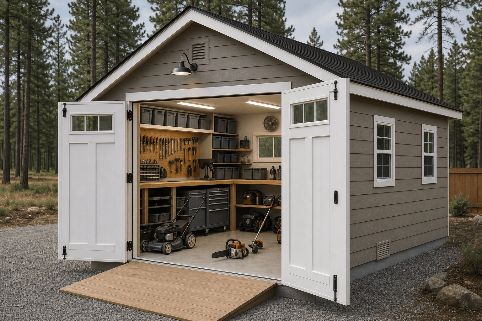 A custom gable shed built into a sloped, tree-shaded foothill lot with a view over town in the Hayden Hills subdivision east of Hayden, North Idaho