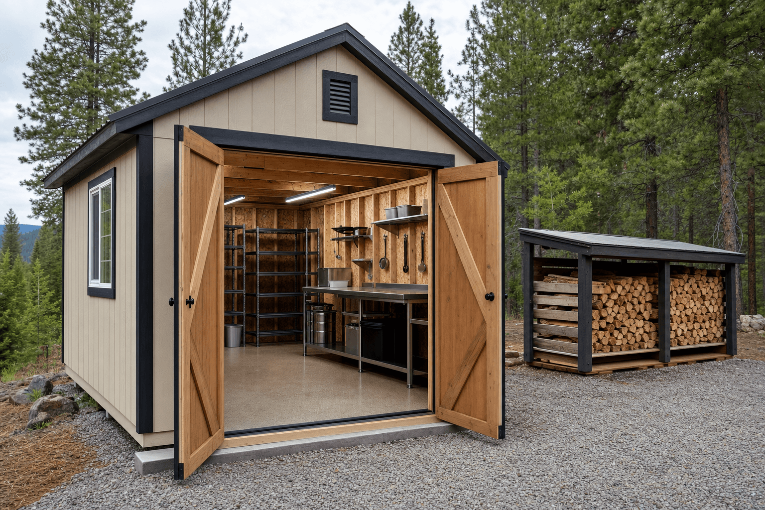 Open smokehouse support shed with blank racks, washable prep surface, exterior vent cue, wood storage separation, and clear aisle