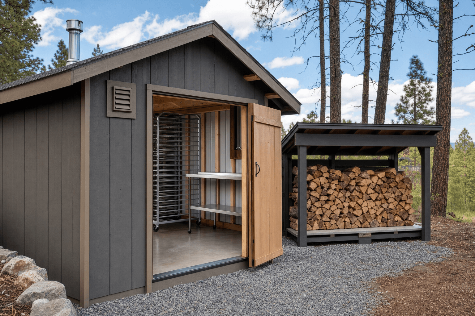 Smokehouse shed detail with exterior vent cue, separate dry wood rack, blank racks, washable surface, and gravel threshold