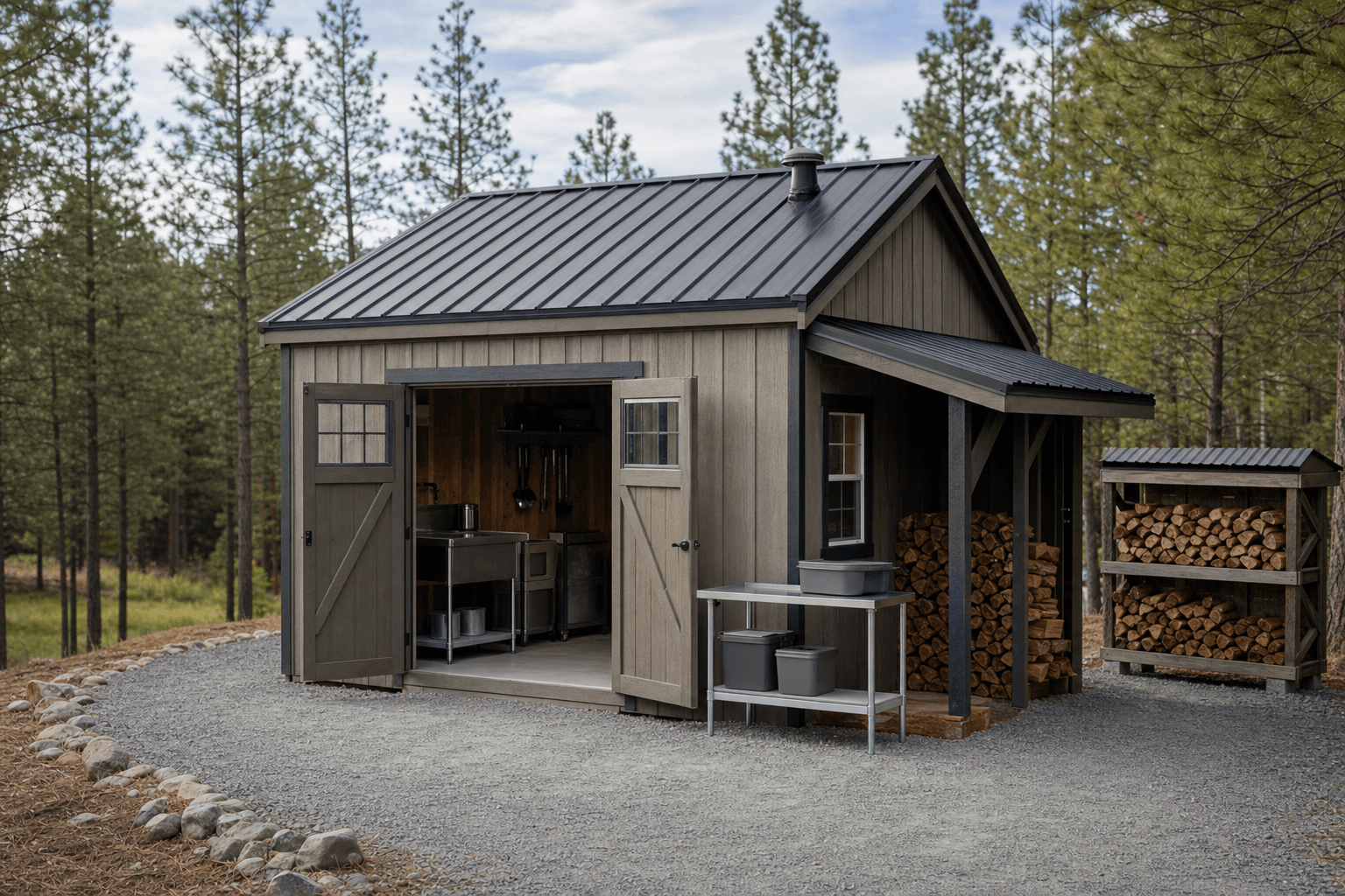 Gable smokehouse support shed with exterior venting cue, dry wood storage, washable prep table, and gravel pad in North Idaho