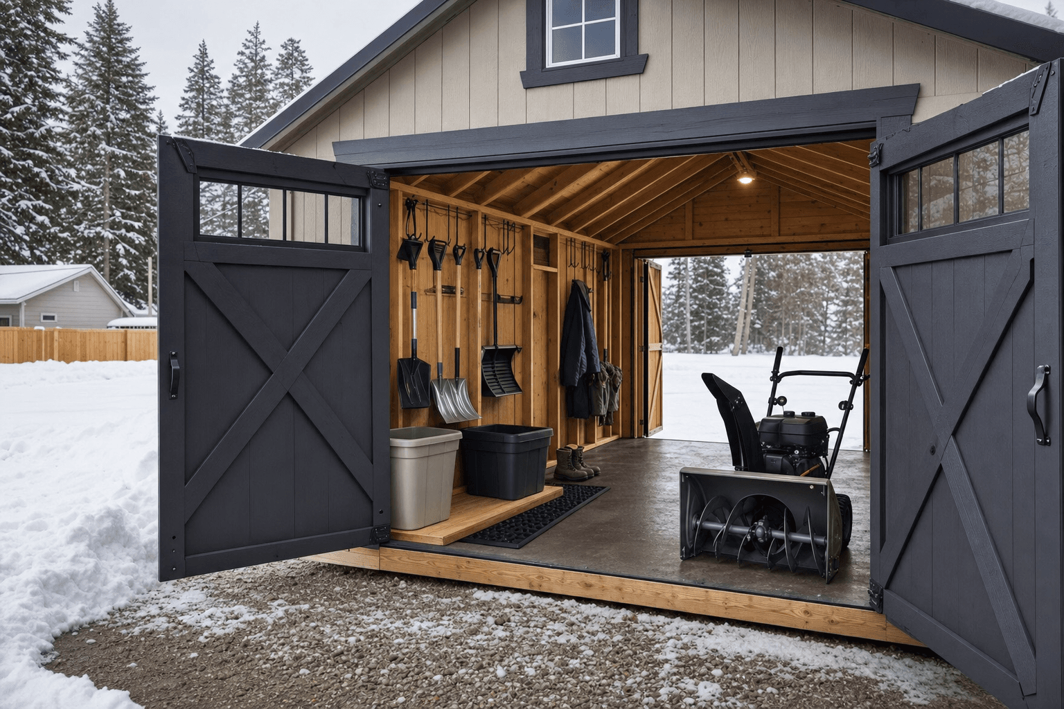 Open snow-removal shed workflow with snowblower, shovels, roof-rake storage, blank salt and sand bins, low threshold, and clear driveway access