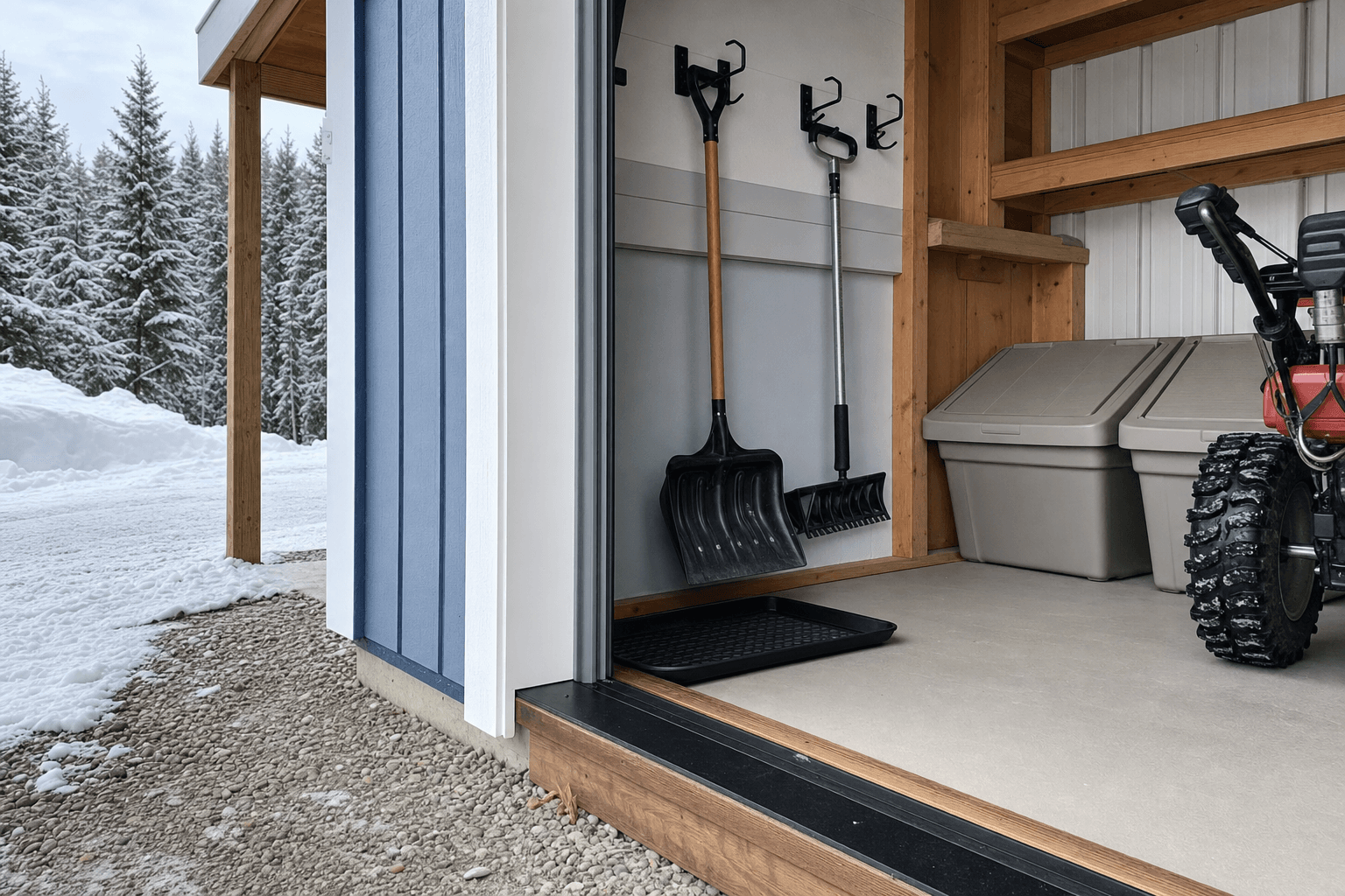 Snow-removal shed detail with low threshold, gravel drainage, shovel and roof-rake hooks, blank salt and sand bins, durable floor, and covered entry