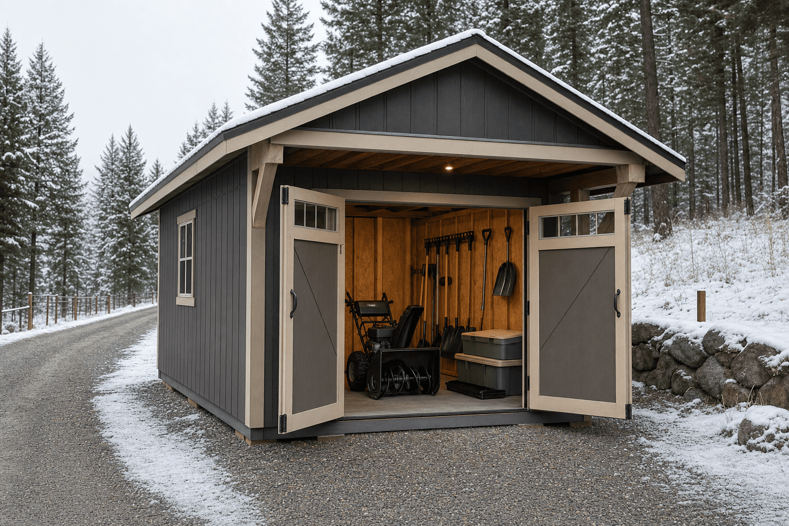 A custom gable storage shed matched to a family home on a fenced lot in the Foxtail subdivision of Post Falls, North Idaho