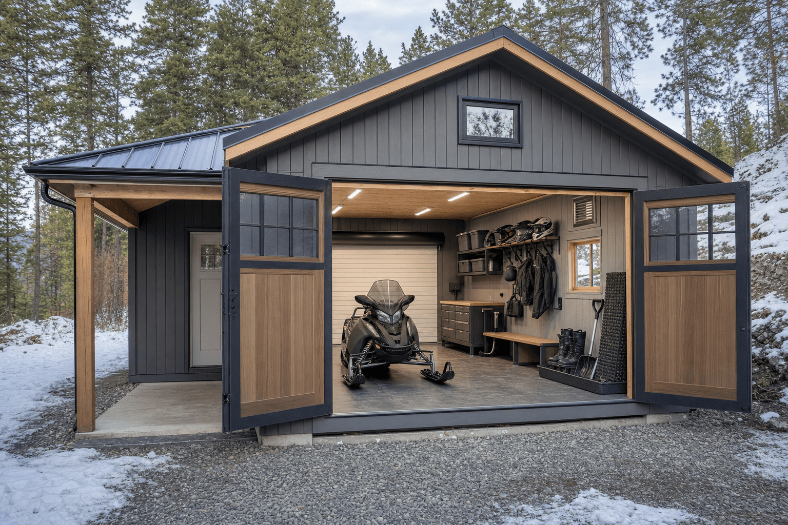 Interior of a square 20x20 garage with two vehicles parked side by side and a workbench along the back wall