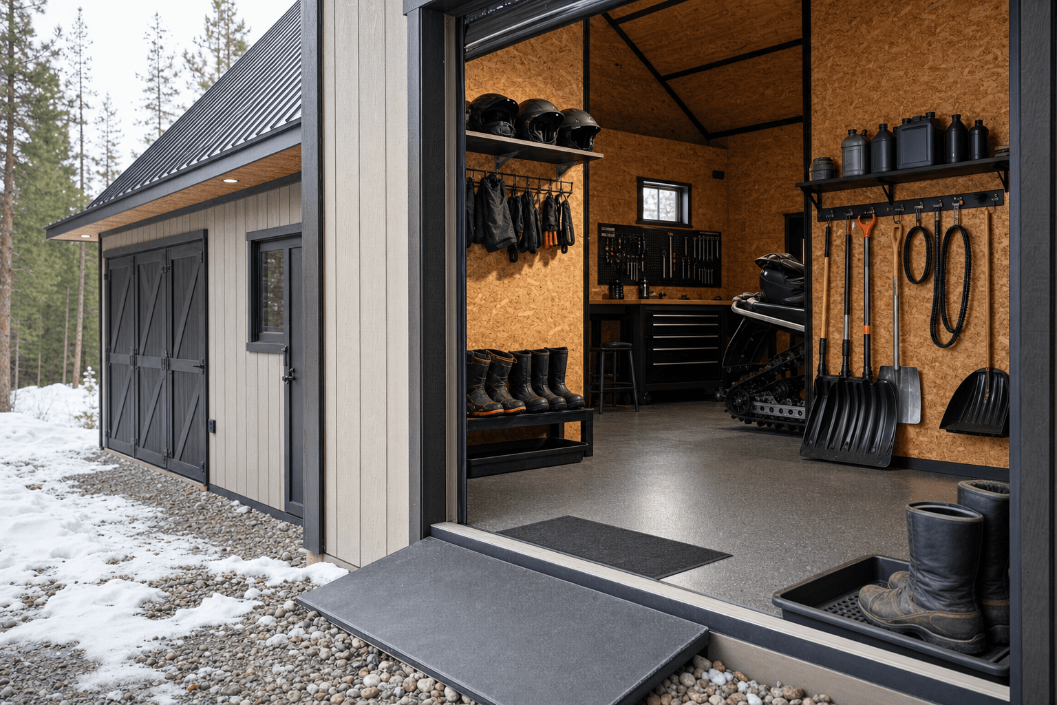 Snowmobile shed threshold and workbench detail with durable floor, low ramp planning, ventilation, helmet and boot hooks, blank fluid shelf, and winter gear organization
