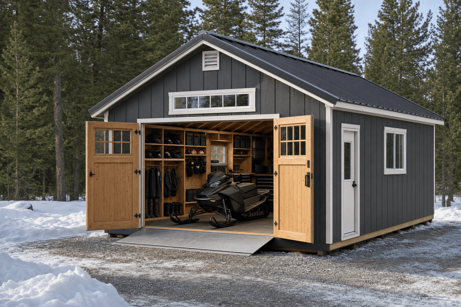 A square 20x20 gable garage shed with two overhead doors on a concrete slab in North Idaho