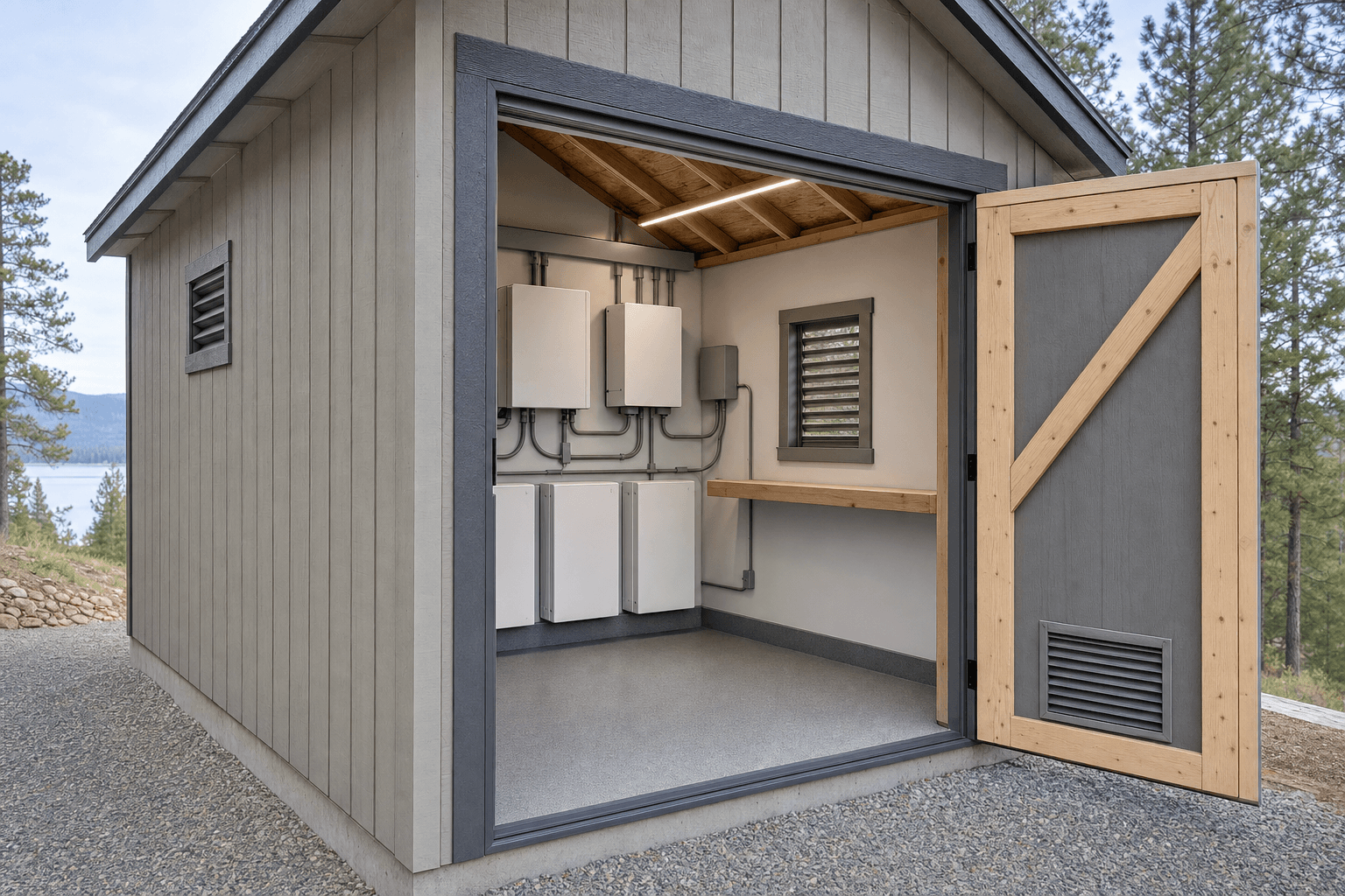 Open solar battery shed interior with generic wall-mounted equipment boxes, ventilation cues, clean conduit-like routing, service aisle, and weather-protected access