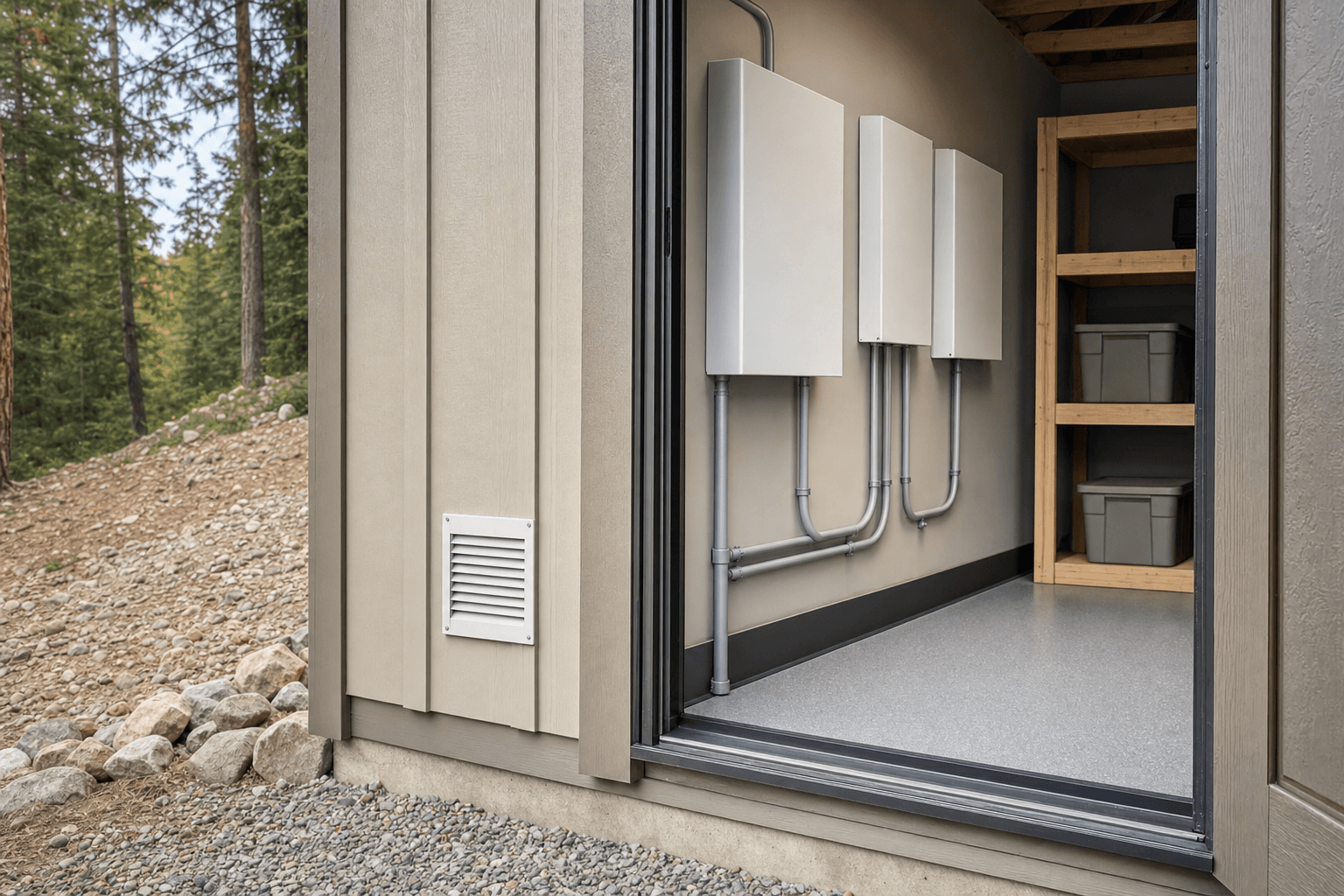 Solar battery shed detail with blank equipment boxes, ventilation louver, neat conduit-like routing, clear service clearance, durable floor, and gravel threshold