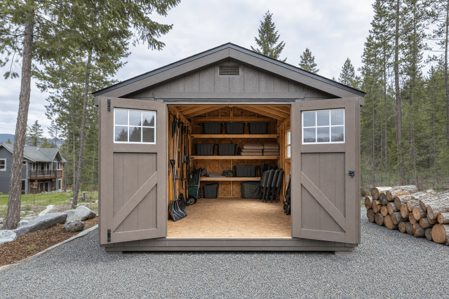 Storage shed interior detail with shelves, hooks, blank totes, and outdoor gear