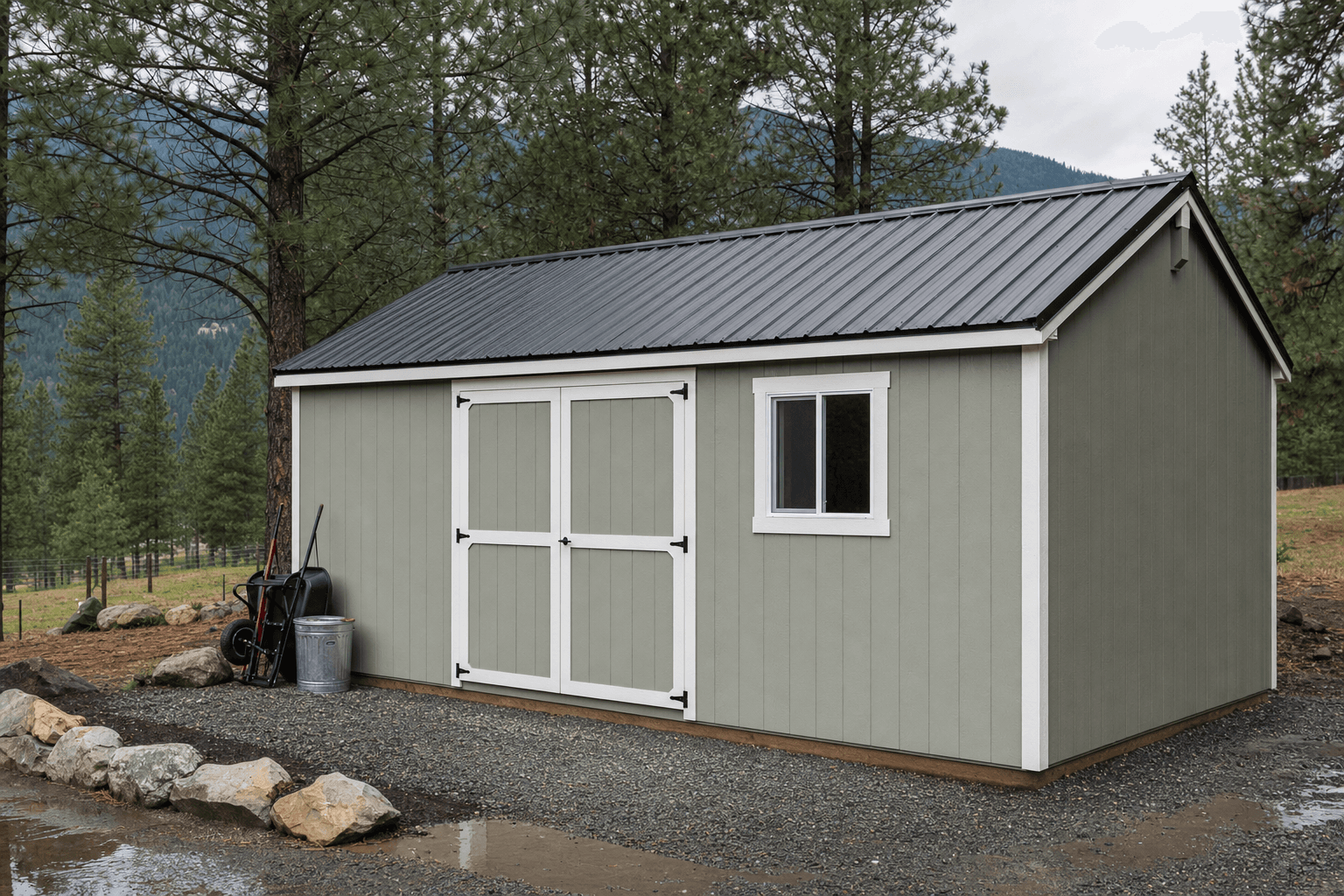 Premium gable storage shed with double doors on a North Idaho gravel pad