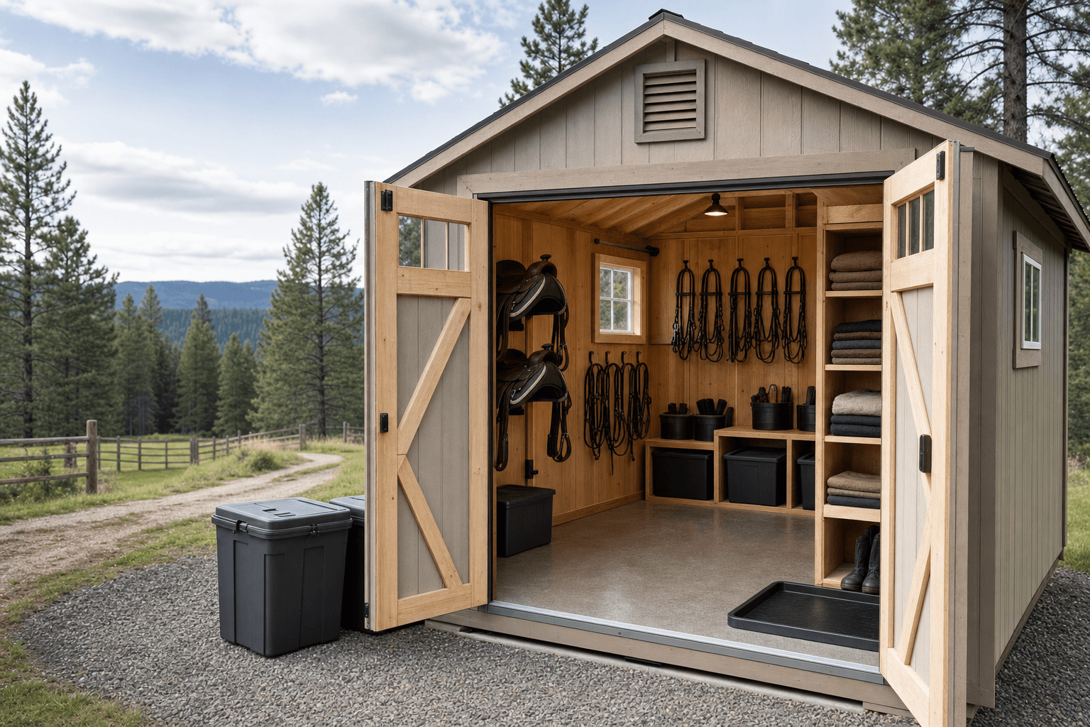 Open tack room shed with saddle racks, bridle hooks, blanket storage, shelves, ventilation, and gravel access in North Idaho