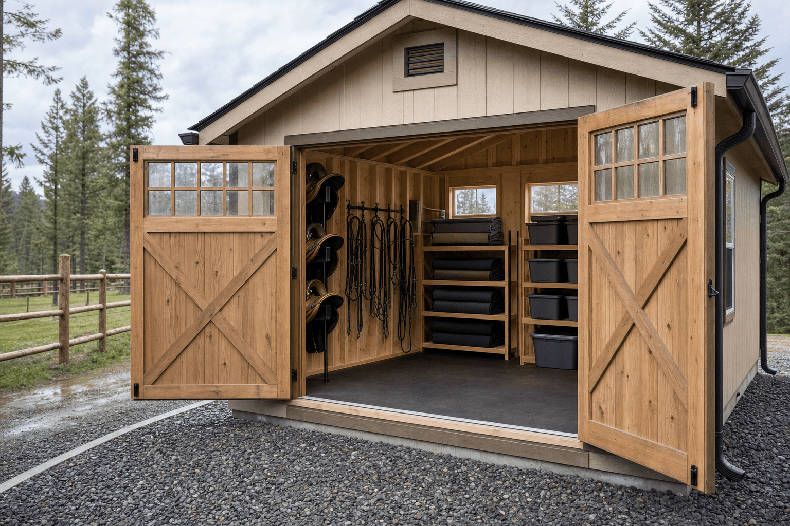 Interior tack room shed detail with saddle racks, bridle hooks, folded blankets, grooming shelves, washable floor planning, and ventilation cues