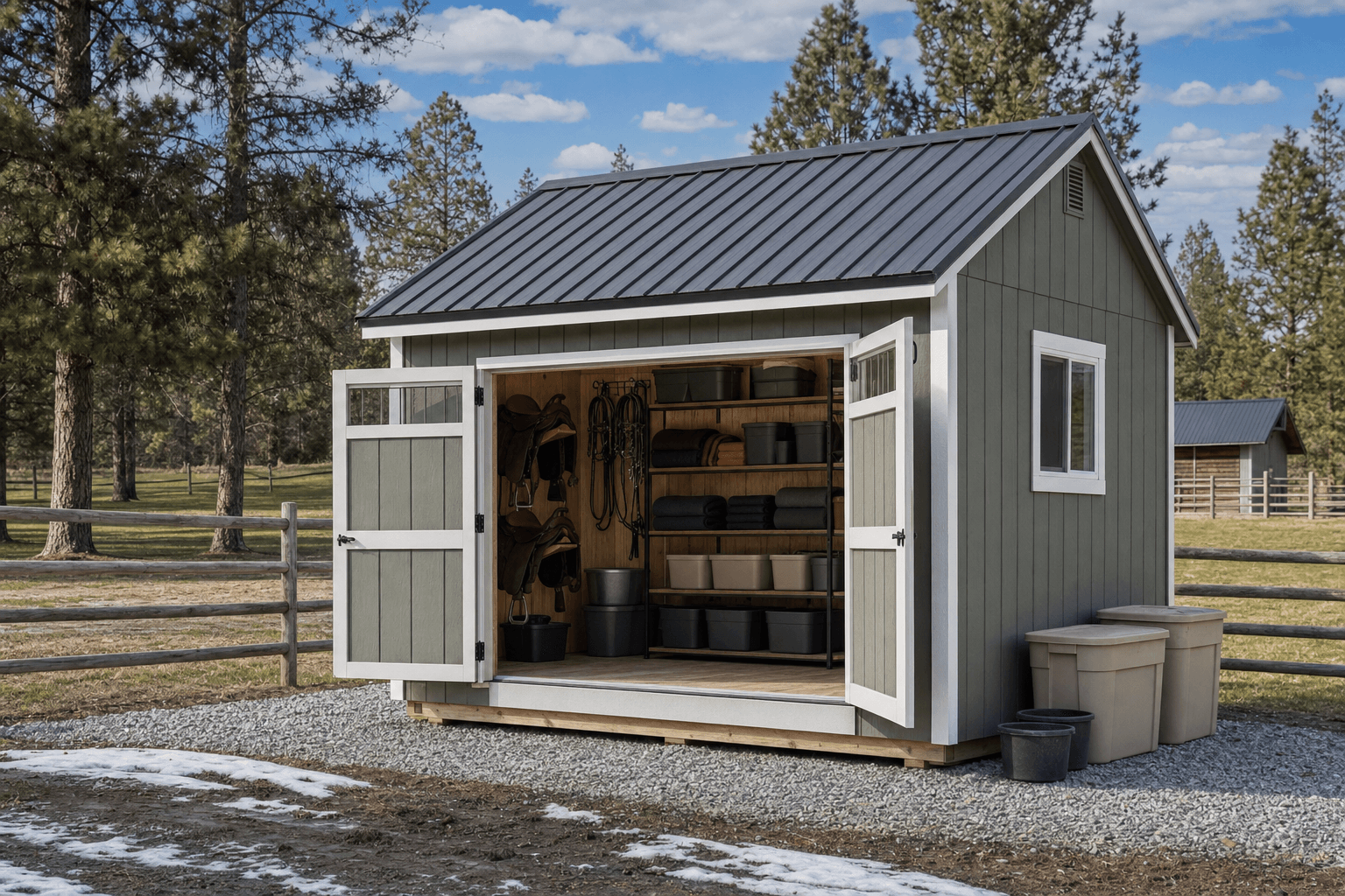 North Idaho tack room shed with wide entry, saddle racks, hooks, shelves, ventilation