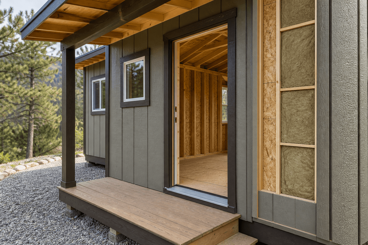 Close-up of tiny home loft stairs with built-in storage drawers beside a compact kitchenette and a fold-down table