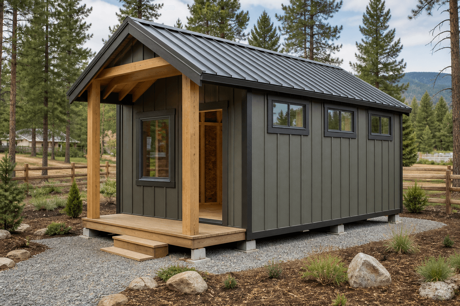 A custom gable shed on a gravel pad on timbered acreage near St. Maries, Benewah County, North Idaho