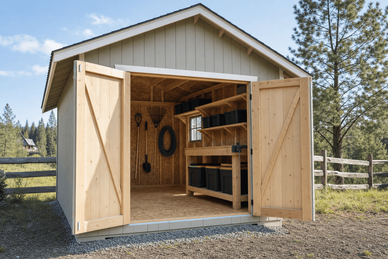 Clean tool shed interior with workbench, shelves, hooks, and yard tools