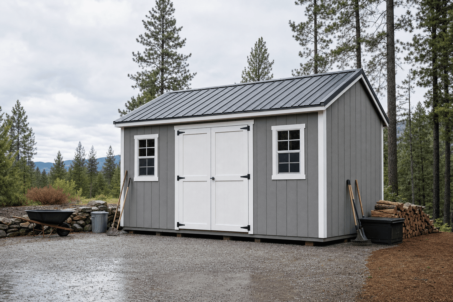 A compact 8x8 gable shed with a single door and a window on a gravel pad in North Idaho