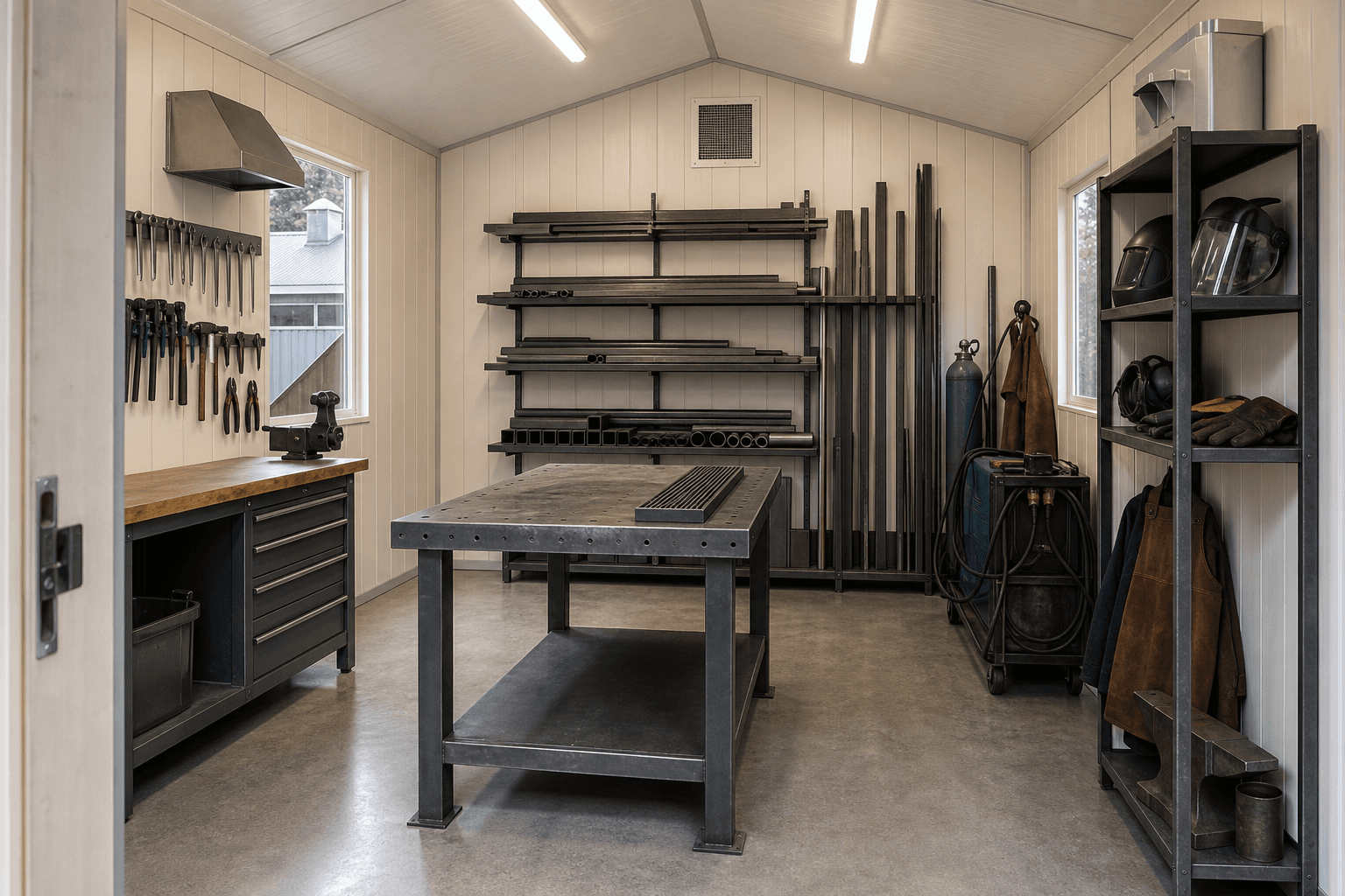 Welding shed interior with noncombustible work table, metal stock rack, unbranded tool cabinet, clamps, PPE shelf with idle helmet and gloves, wall vent, task lighting, durable floor, and clear workspace.