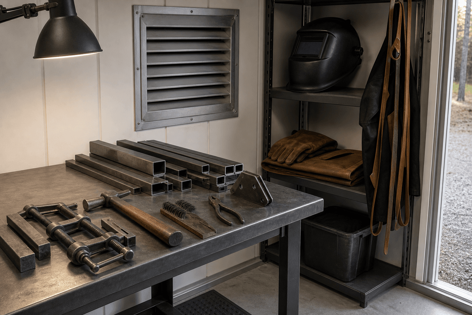 Welding shed detail with noncombustible metal work table, clamps, unbranded hand tools, short metal stock, idle welding helmet, gloves, apron, wall vent, task light, durable floor, and clear threshold.