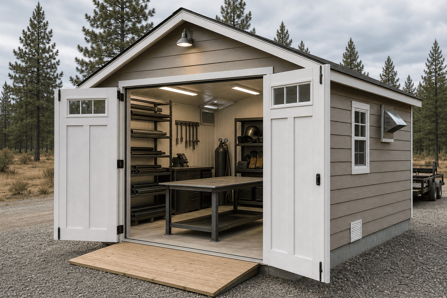 North Idaho welding shed with open doors, noncombustible work table, metal stock rack