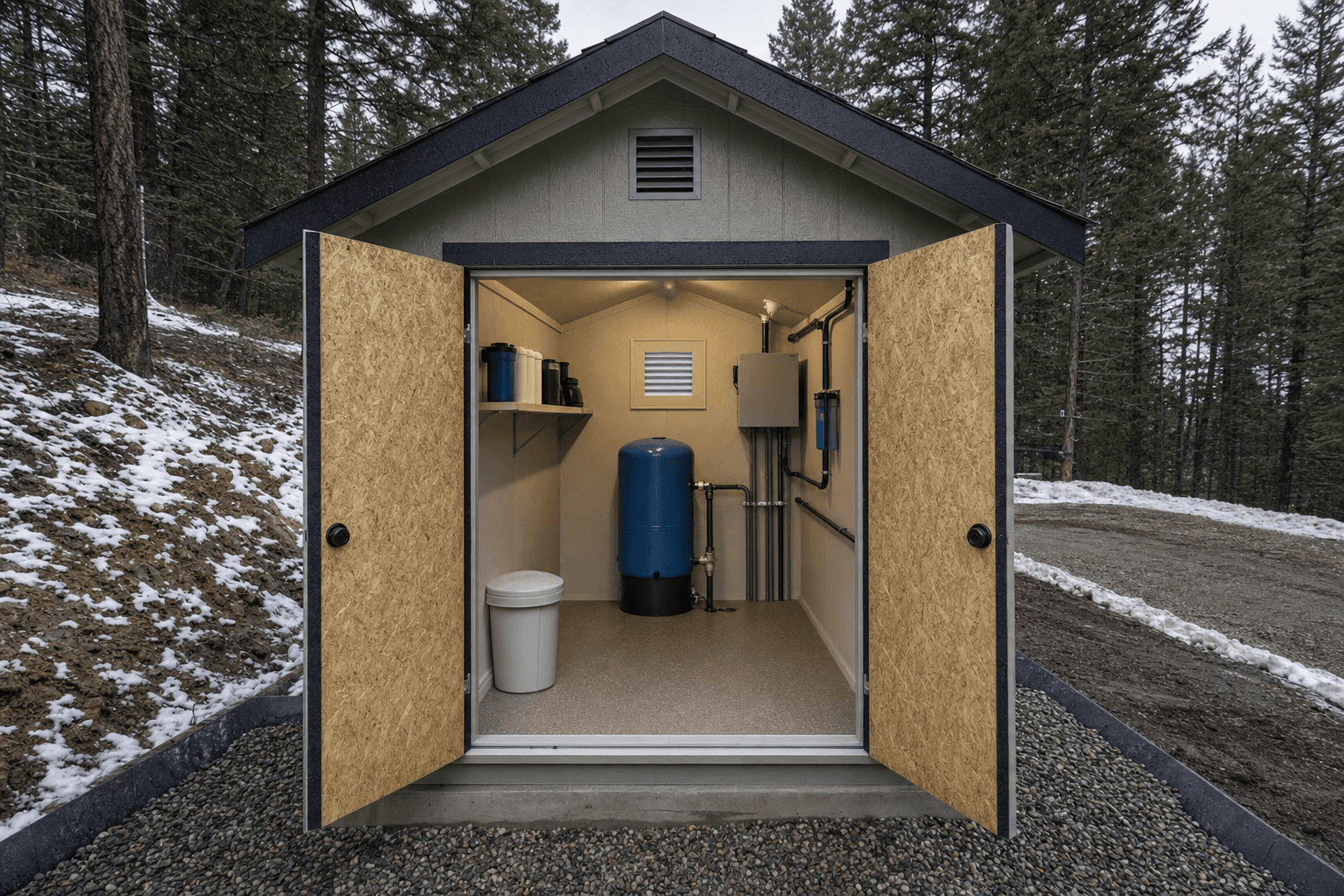 Open well house shed showing insulated-looking utility wall, ventilation, service clearance, blank equipment boxes, and tidy gravel-pad access
