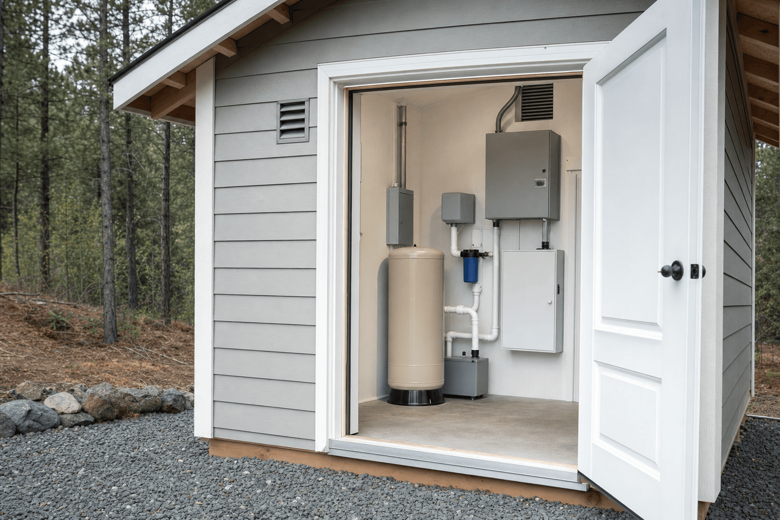 Well house shed detail with gravel threshold, durable floor, insulated-looking wall, ventilation louver, blank utility boxes, and clear service access