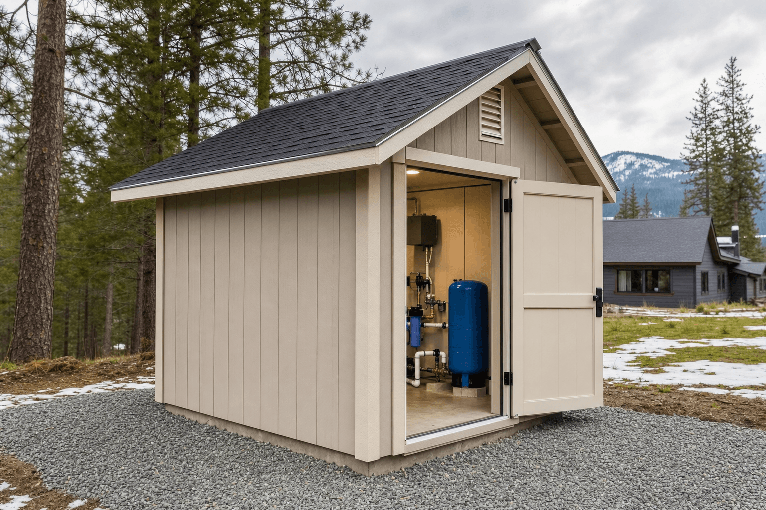 North Idaho well house shed with gable roof, gravel pad, weather-protected entry, ventilation louvers, and clean utility access