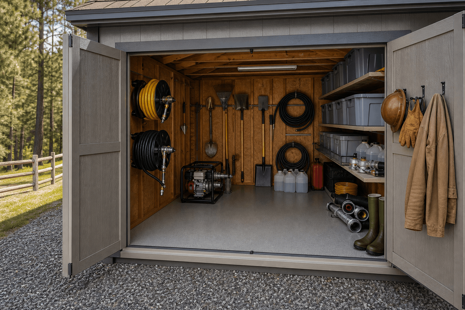 Wildfire-readiness shed interior with wall hose reels, hand tools, blank bins, portable pump, water jugs, PPE hooks, durable floor, shelves, and clear access aisle.