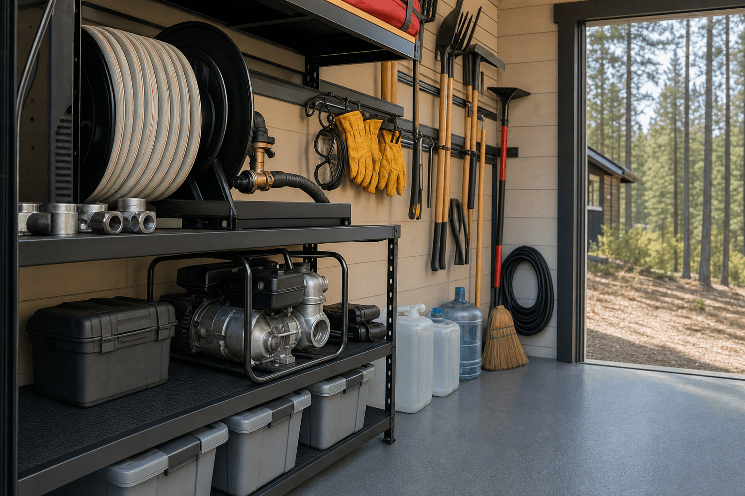 Wildfire-readiness shed detail with hose reel, fittings, blank bins, portable pump, hand tools, water jugs, gloves, eye protection, durable floor, and clear doorway.