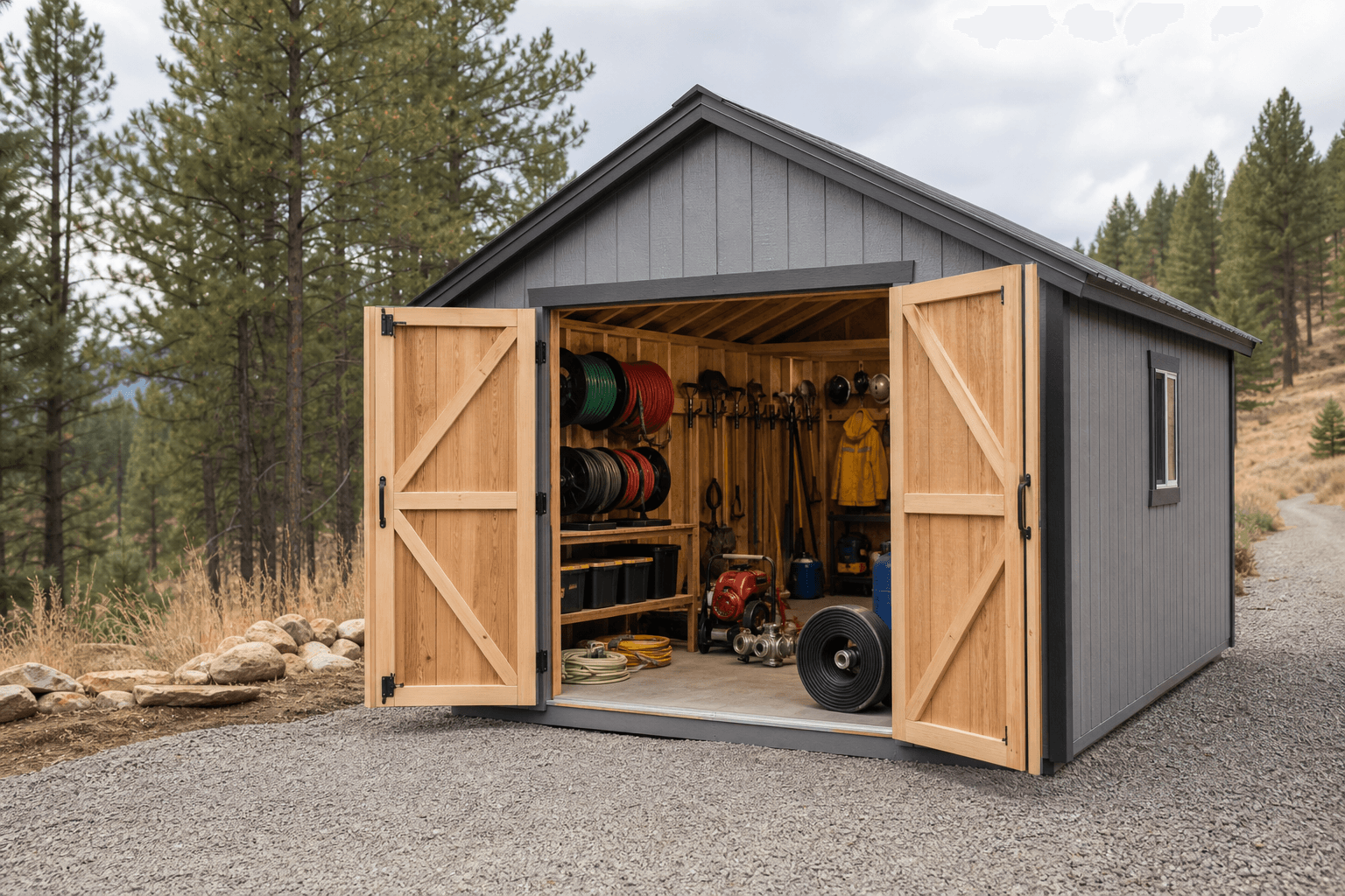 North Idaho wildfire-readiness shed with open doors, hose reels, hand tools, blank bins, pump