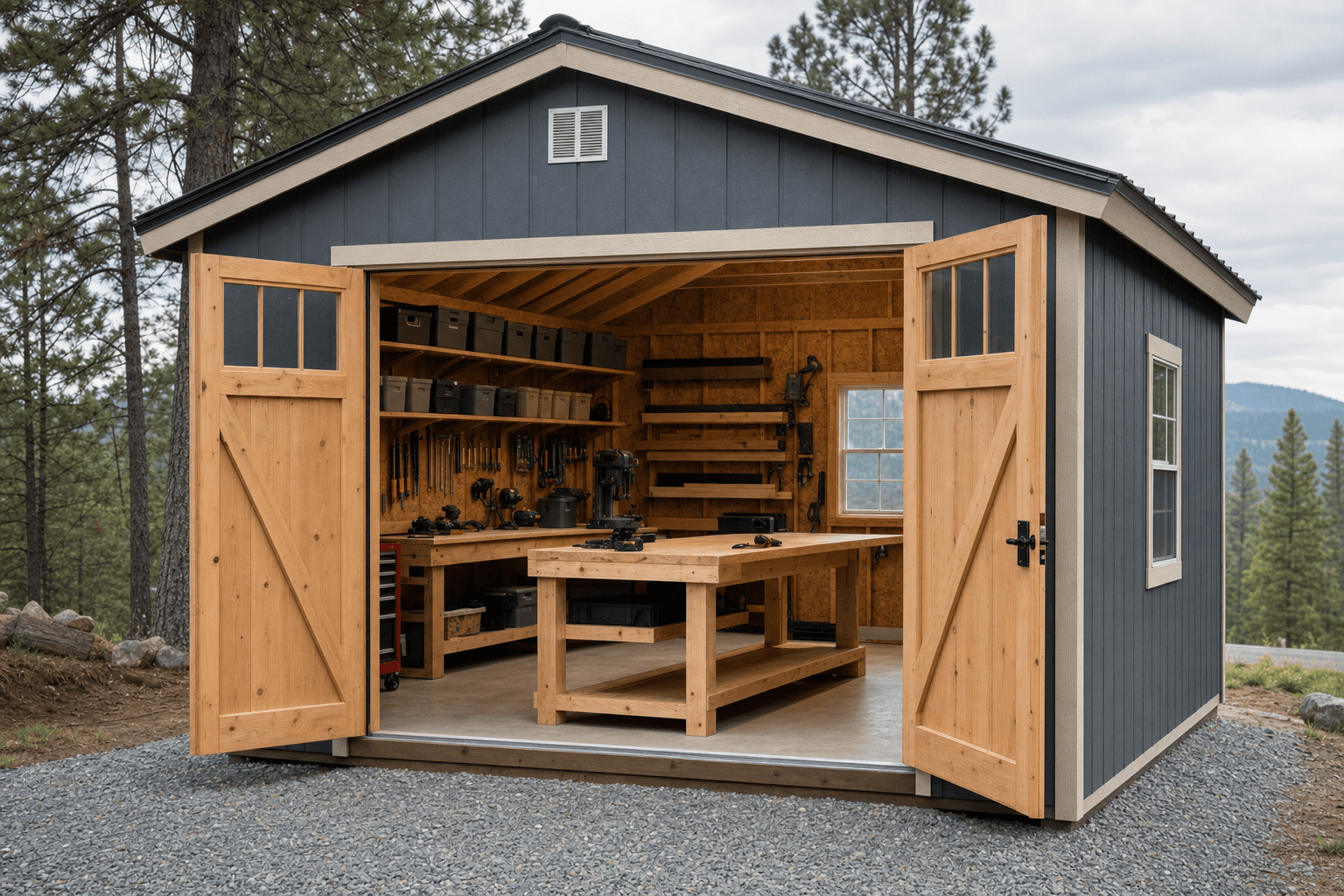 Workshop shed interior detail with workbench, shelves, tool hooks, and clear floor space