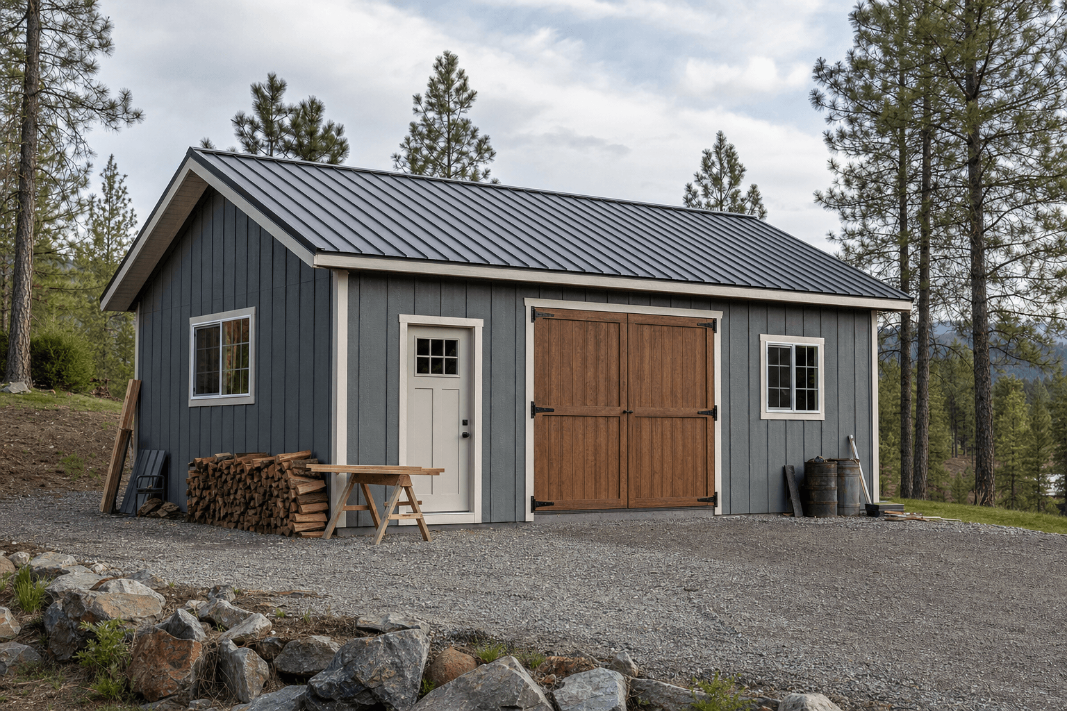 Large gable workshop shed with wide access doors on a North Idaho gravel pad