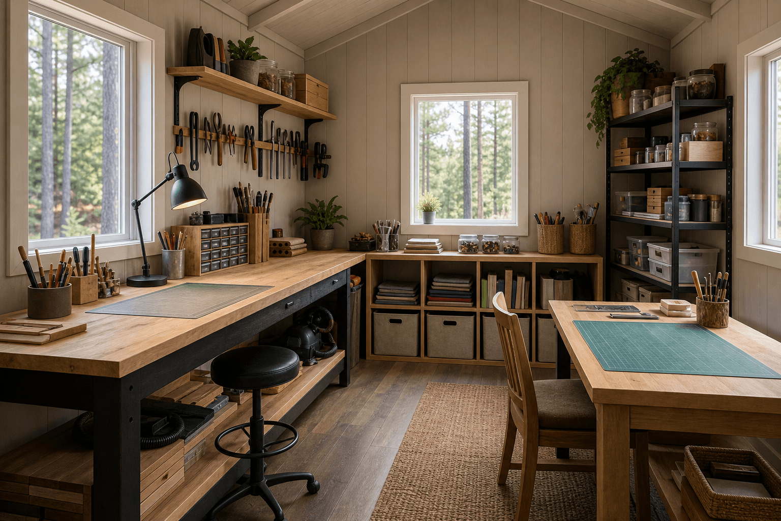 Interior of a hobby shed showing a long workbench under task lighting, a cutting table, and labeled supply bins on shelves