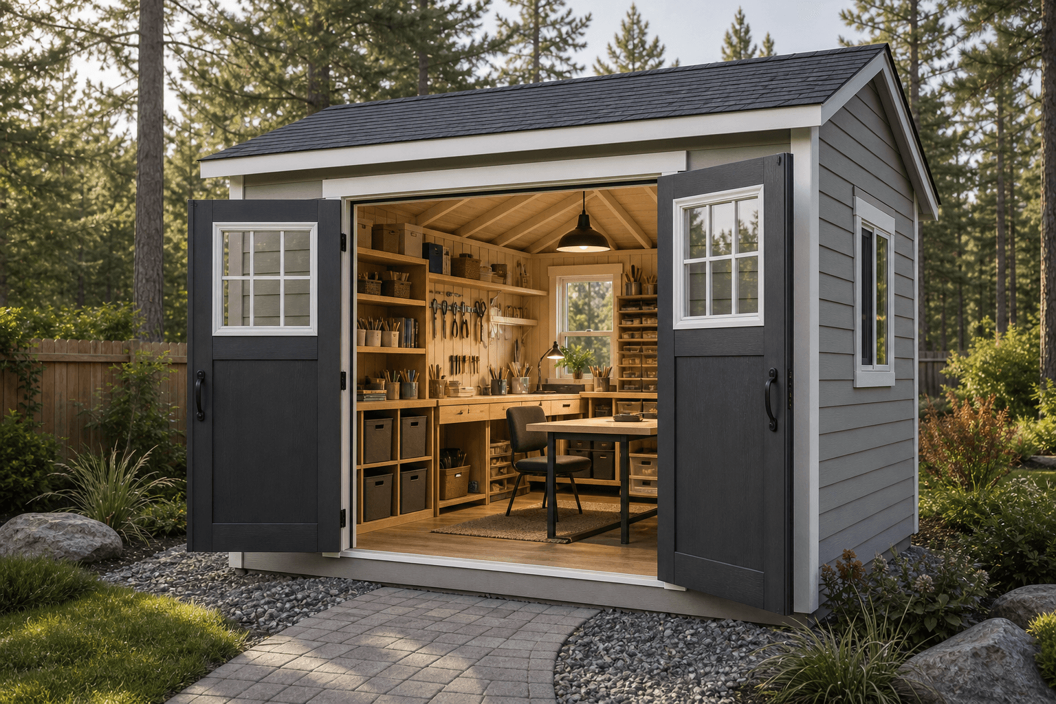 Hobby shed interior with a well-lit workbench, pegboard tool storage, and supply shelving in a North Idaho yard
