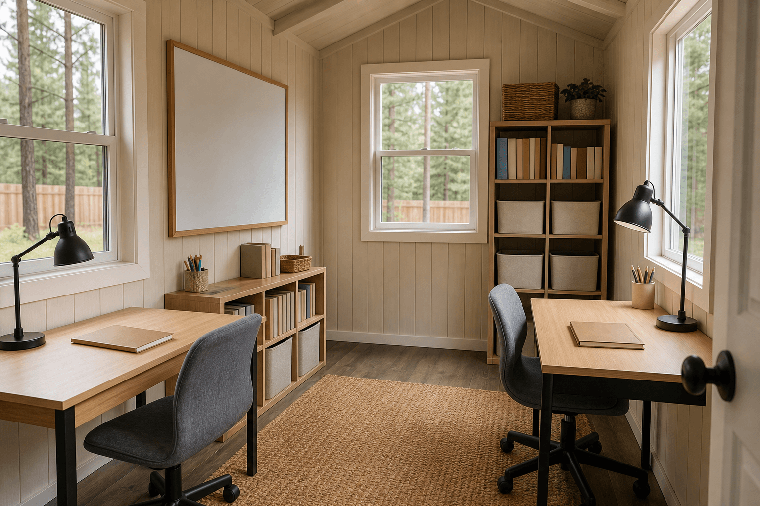 Interior of a finished homeschool shed showing desks, a whiteboard wall, bookshelves, and a wall-mounted mini-split heat pump