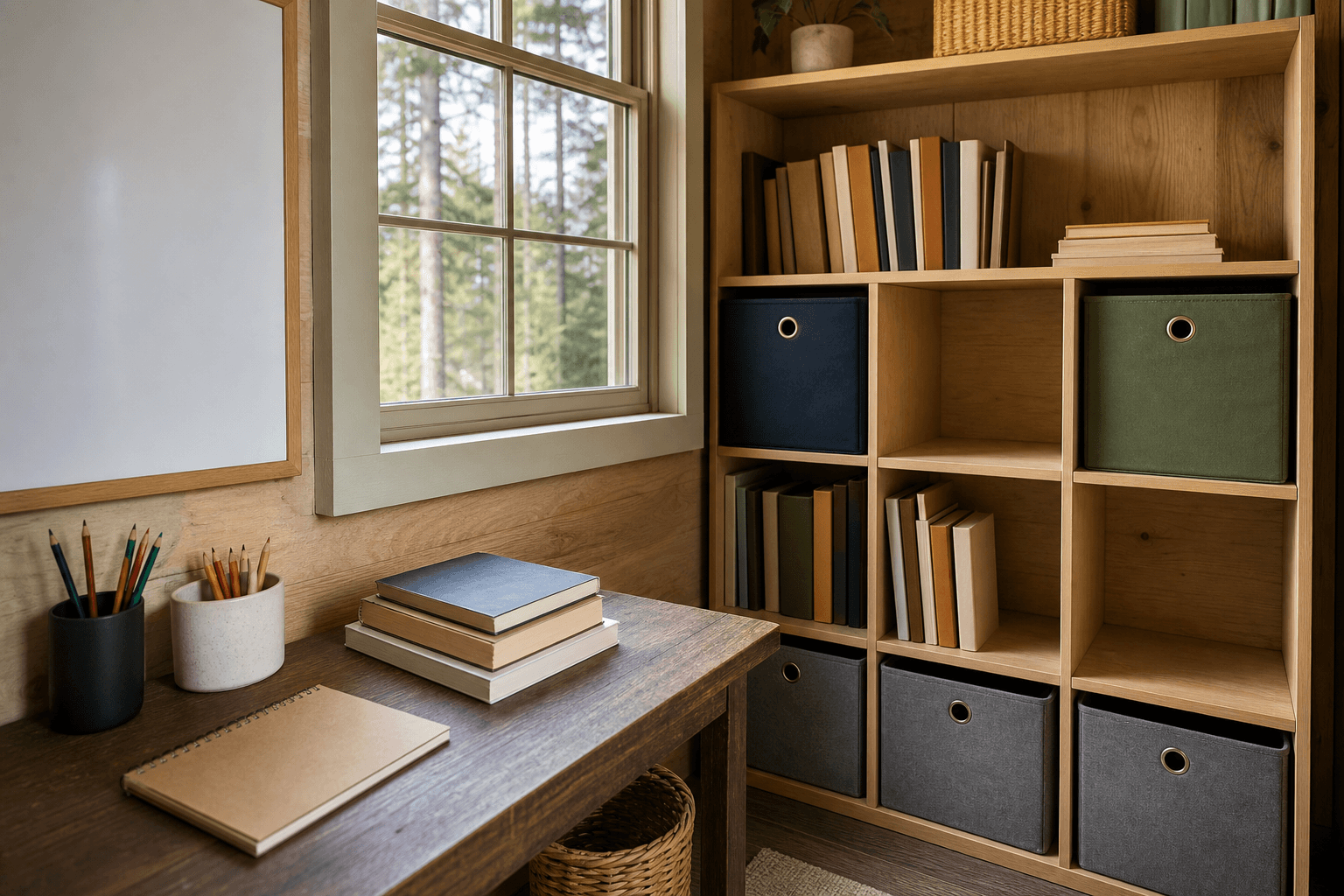 Close-up of a homeschool shed teaching wall with a whiteboard, projector screen, labeled storage bins, and outlets along the desk wall