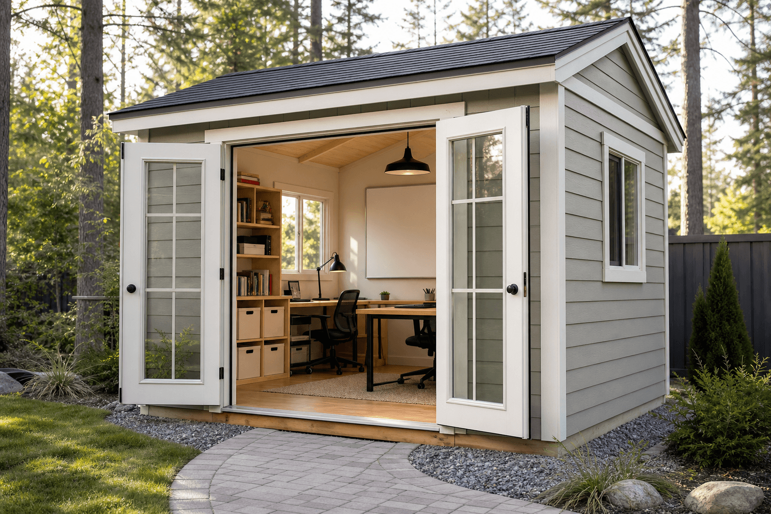Bright backyard homeschool shed with large windows and desks, set on a gravel pad in a North Idaho yard