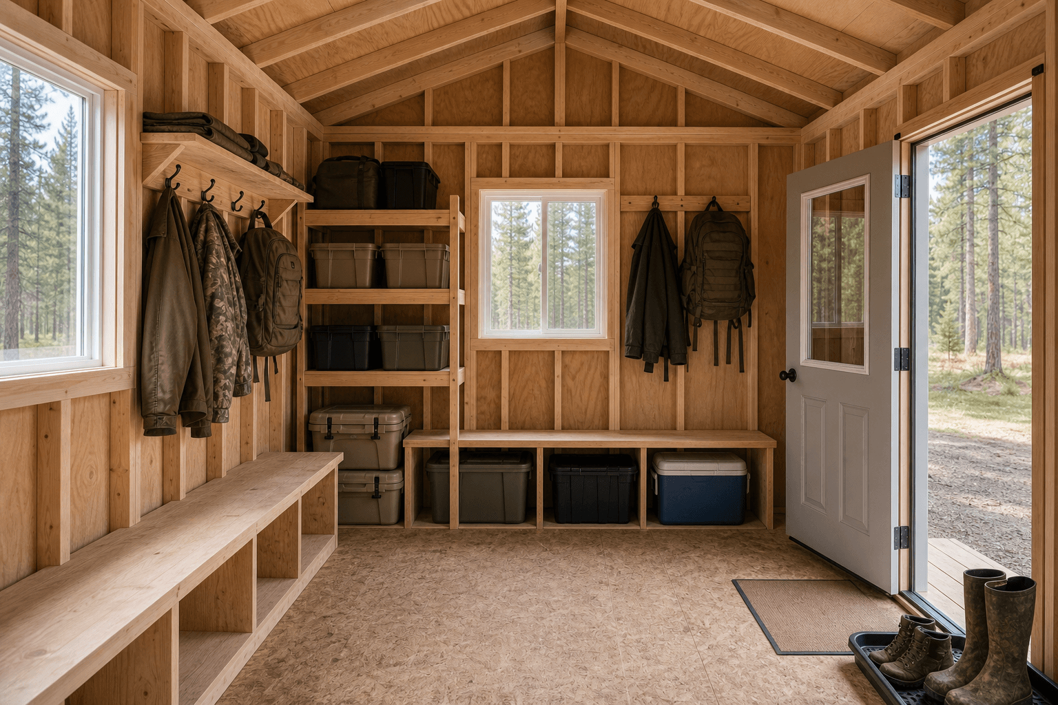 Interior of a hunting cabin showing stacked bunks, a wood stove, and a gear wall with hooks and shelves