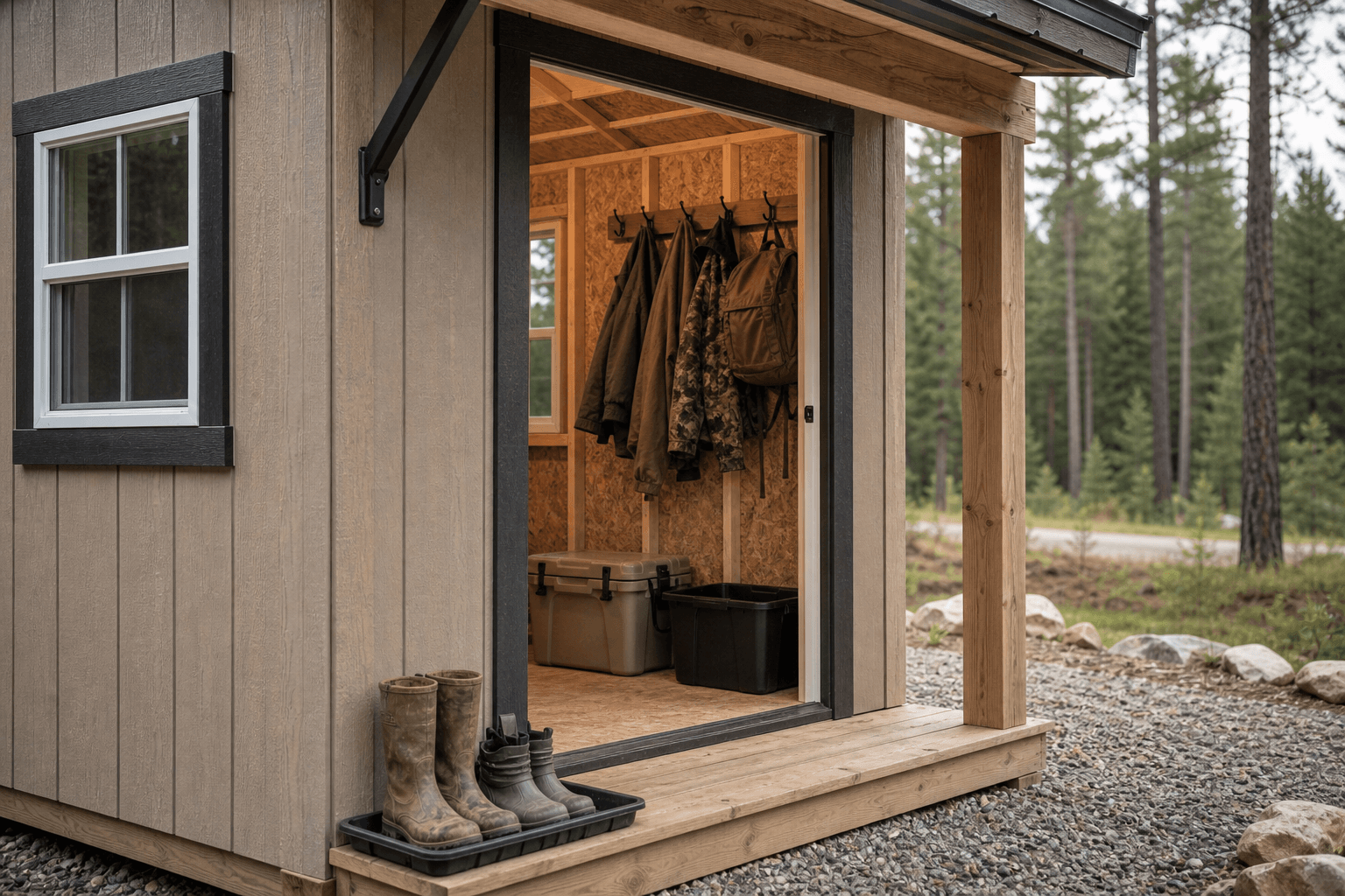 Close-up of a hunting cabin gear wall with hooks for packs, a boot bench, and a lockable storage cabinet