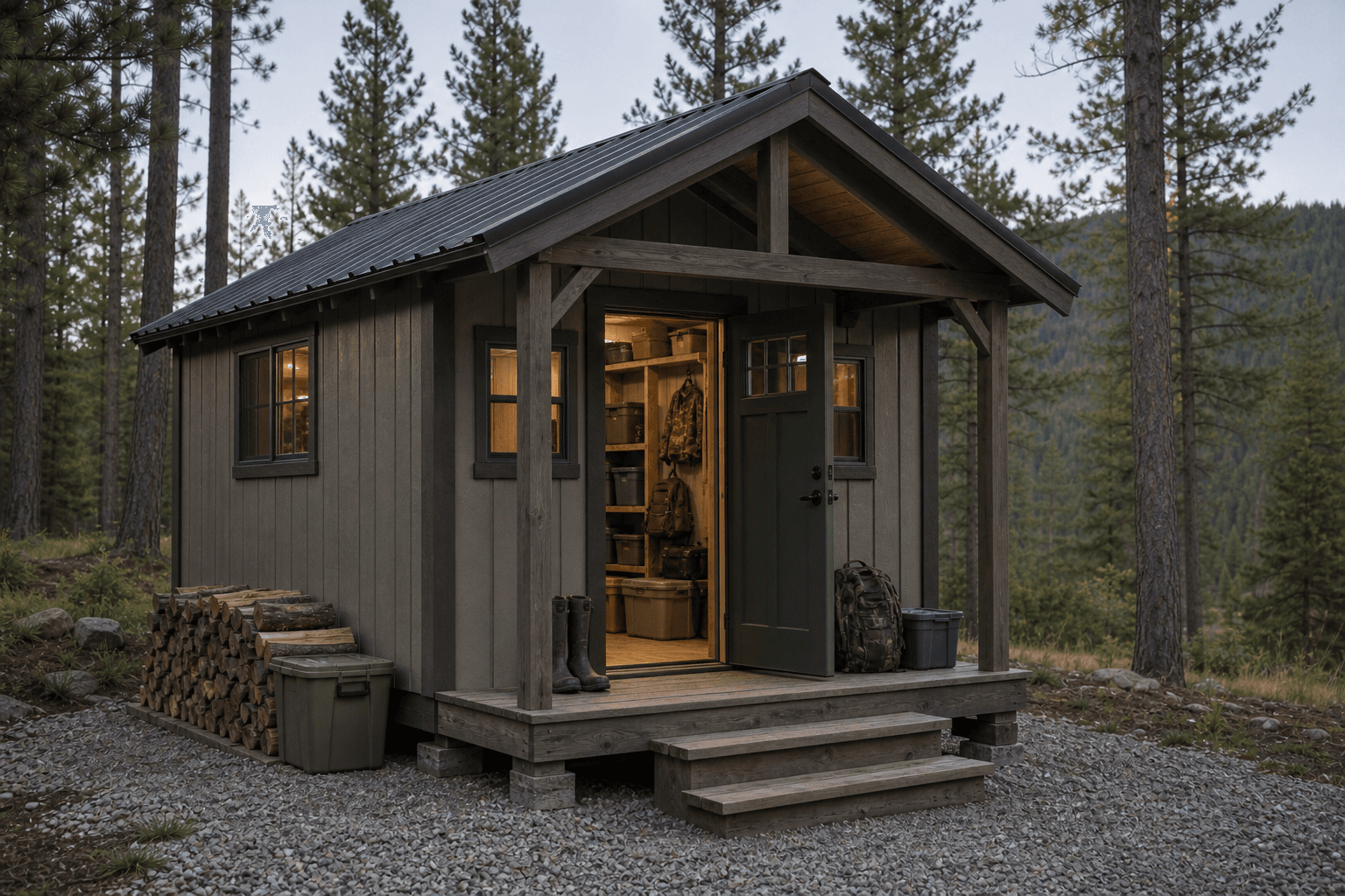 Rustic North Idaho hunting cabin with a metal roof and covered porch built on a wooded property