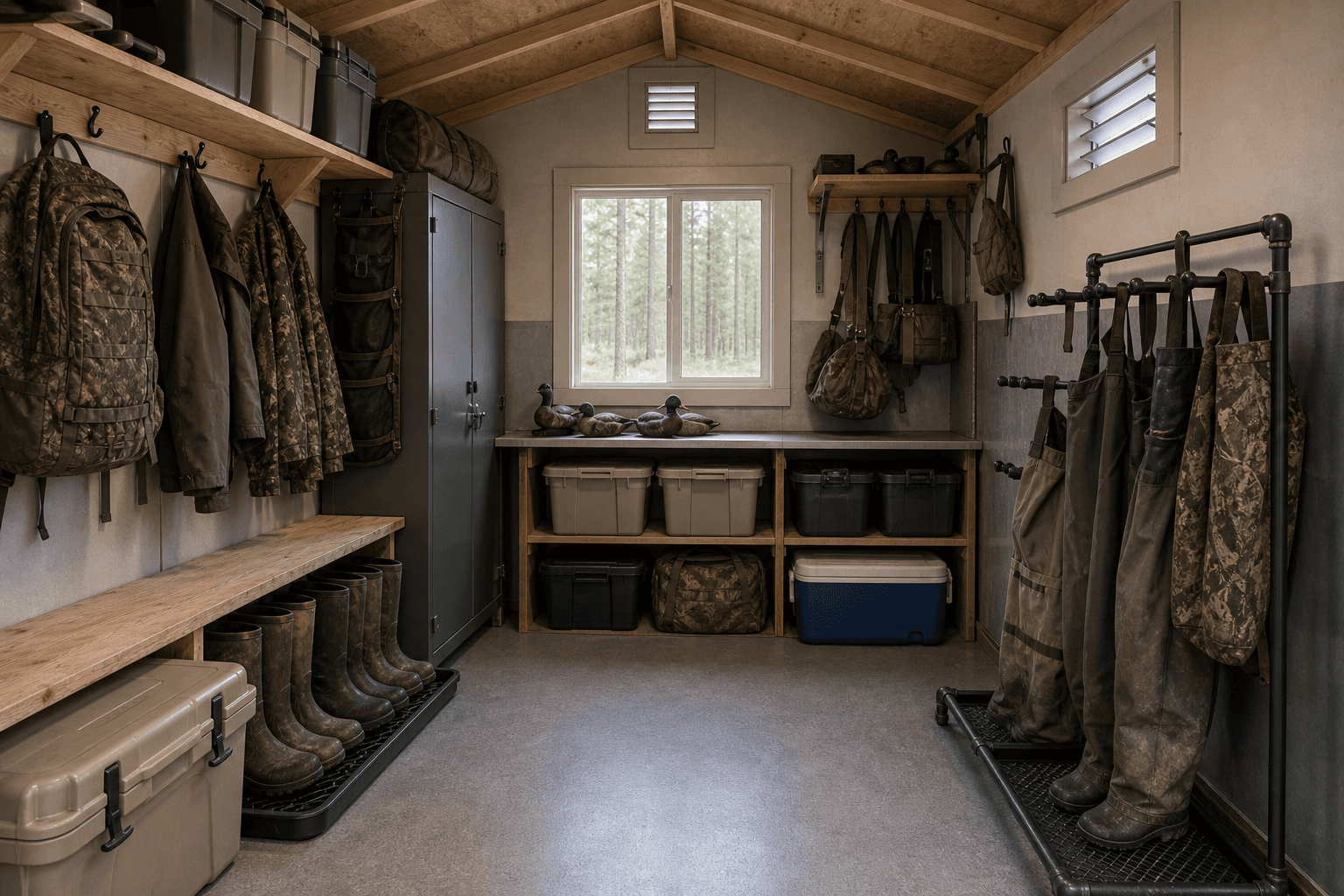 Interior of a hunting gear storage shed with pack hooks, optics shelving, a clothing rack, and a secure locked cabinet