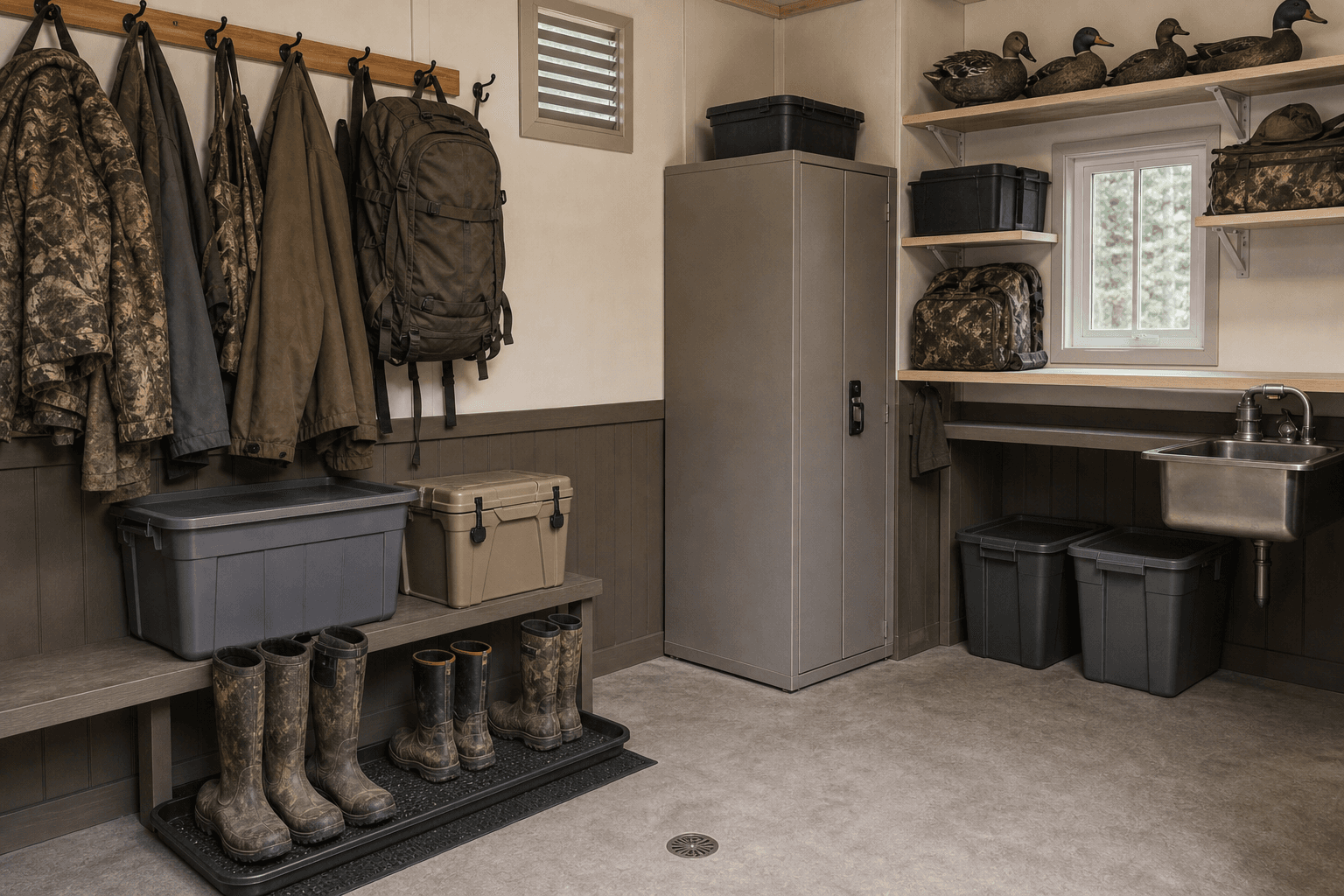 Close-up of a hunting gear shed wall with optics on padded shelves, pack hooks, and a labeled storage system