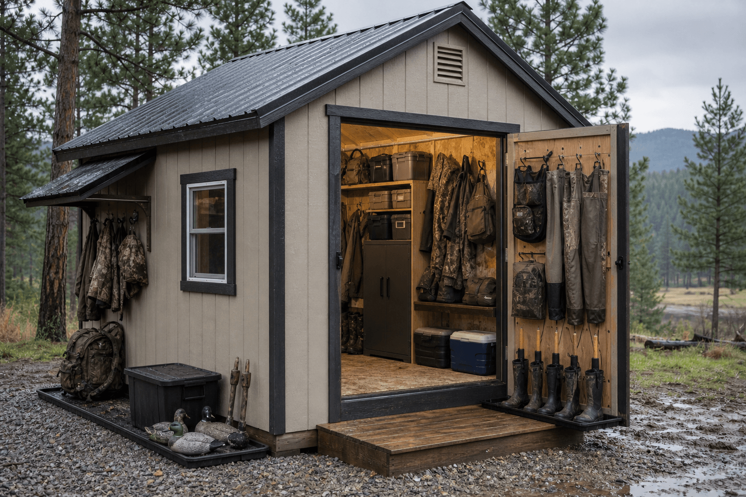 Organized North Idaho hunting gear storage shed with a metal roof, built on a wooded property near a gravel driveway