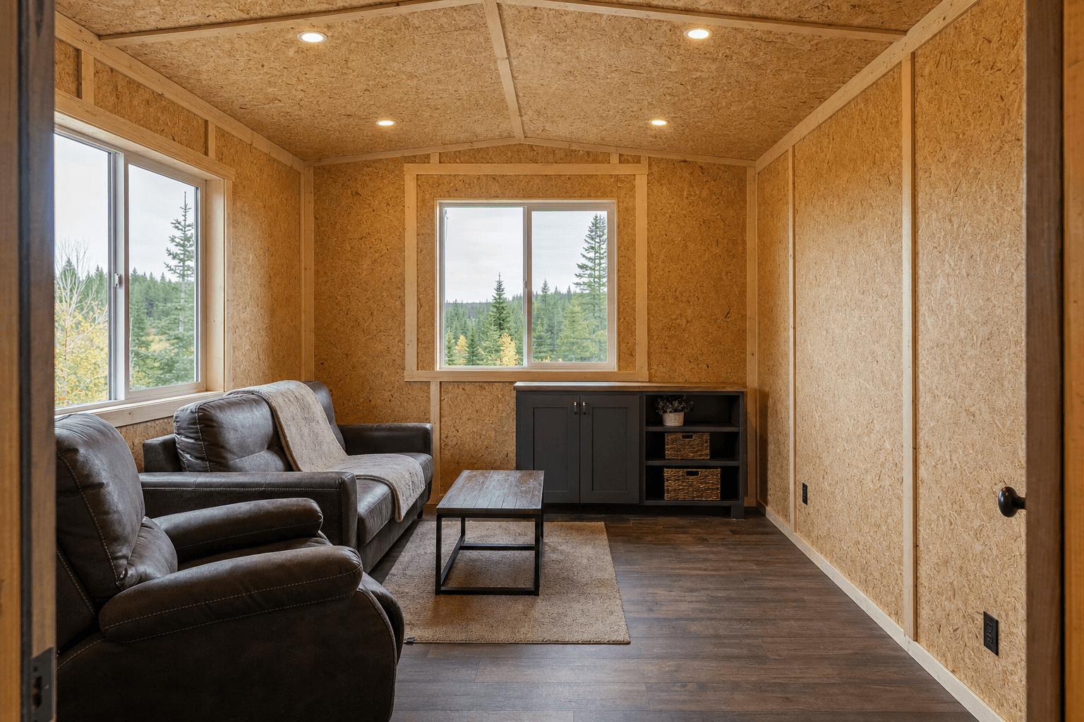 Interior of a finished man cave shed showing a sectional facing a mounted TV, a bar with stools along the back wall, and a mini-split heat pump