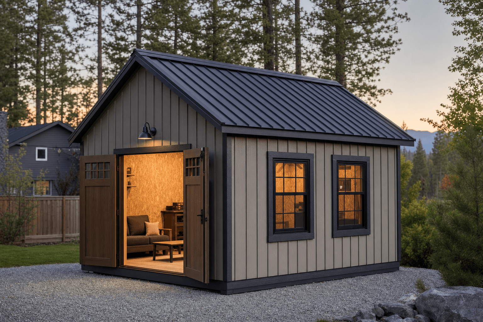Insulated backyard man cave shed with a mounted TV, bar, and lounge seating, set on a gravel pad in a North Idaho yard