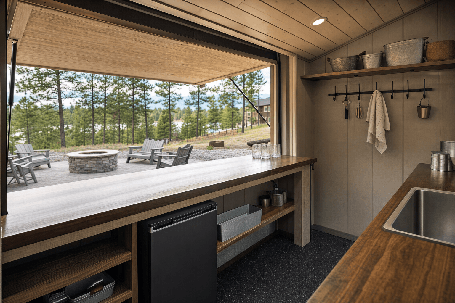 Interior of an outdoor bar shed showing a kegerator and fridge below the back counter, a sink, glass shelving, and the serving window above the bar top
