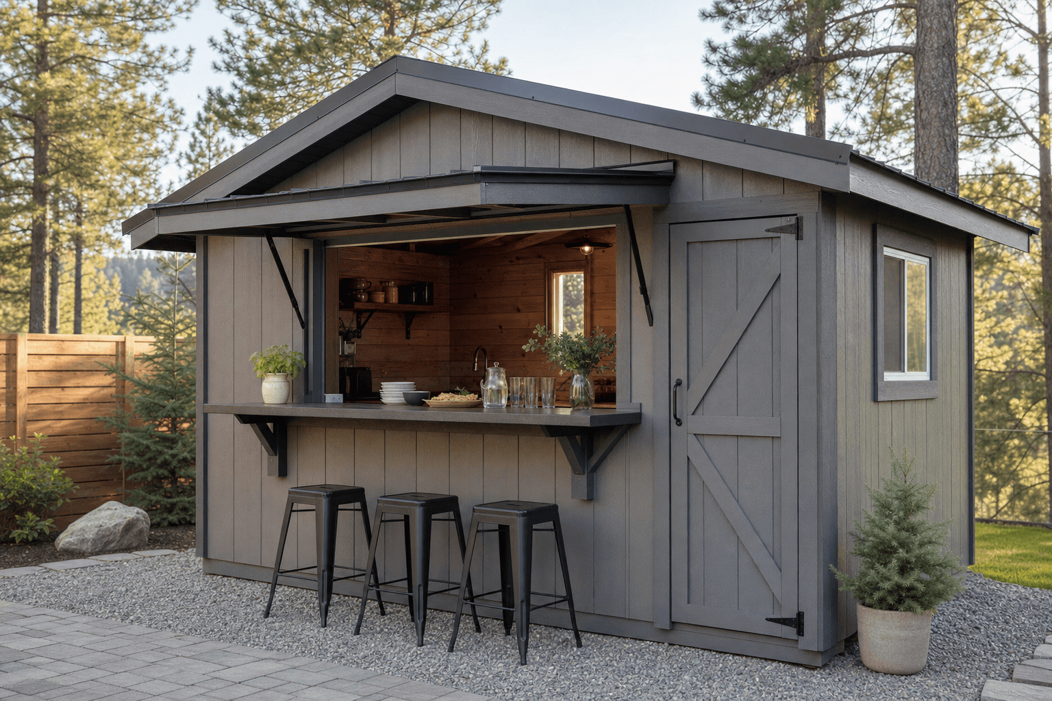 Backyard outdoor bar shed with an open serving window, exterior bar top, and stools, set on a gravel pad in a North Idaho yard