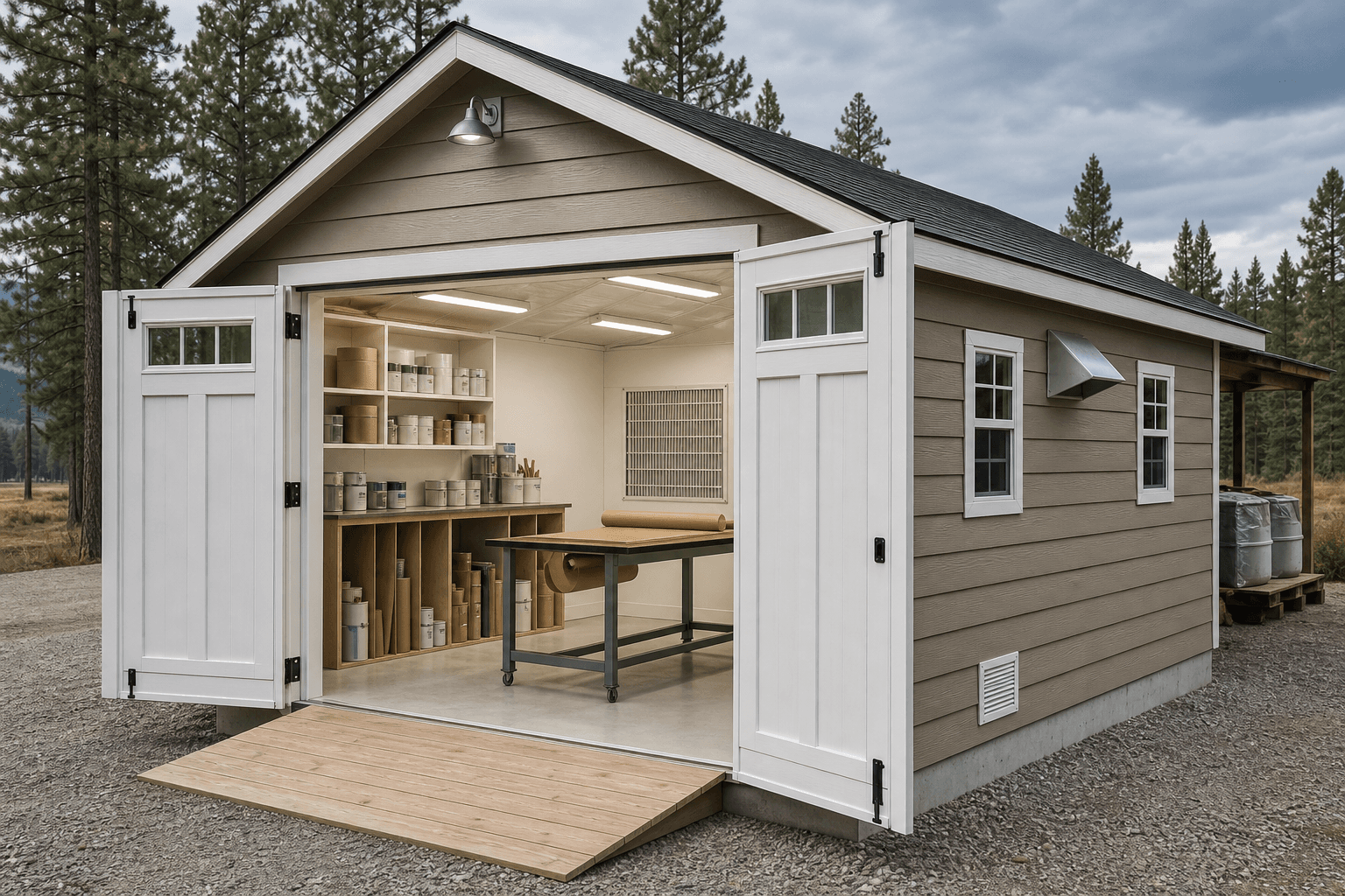 Paint booth shed with a filtered intake on one wall and an exhaust fan on the opposite end, set on a gravel pad in a North Idaho yard