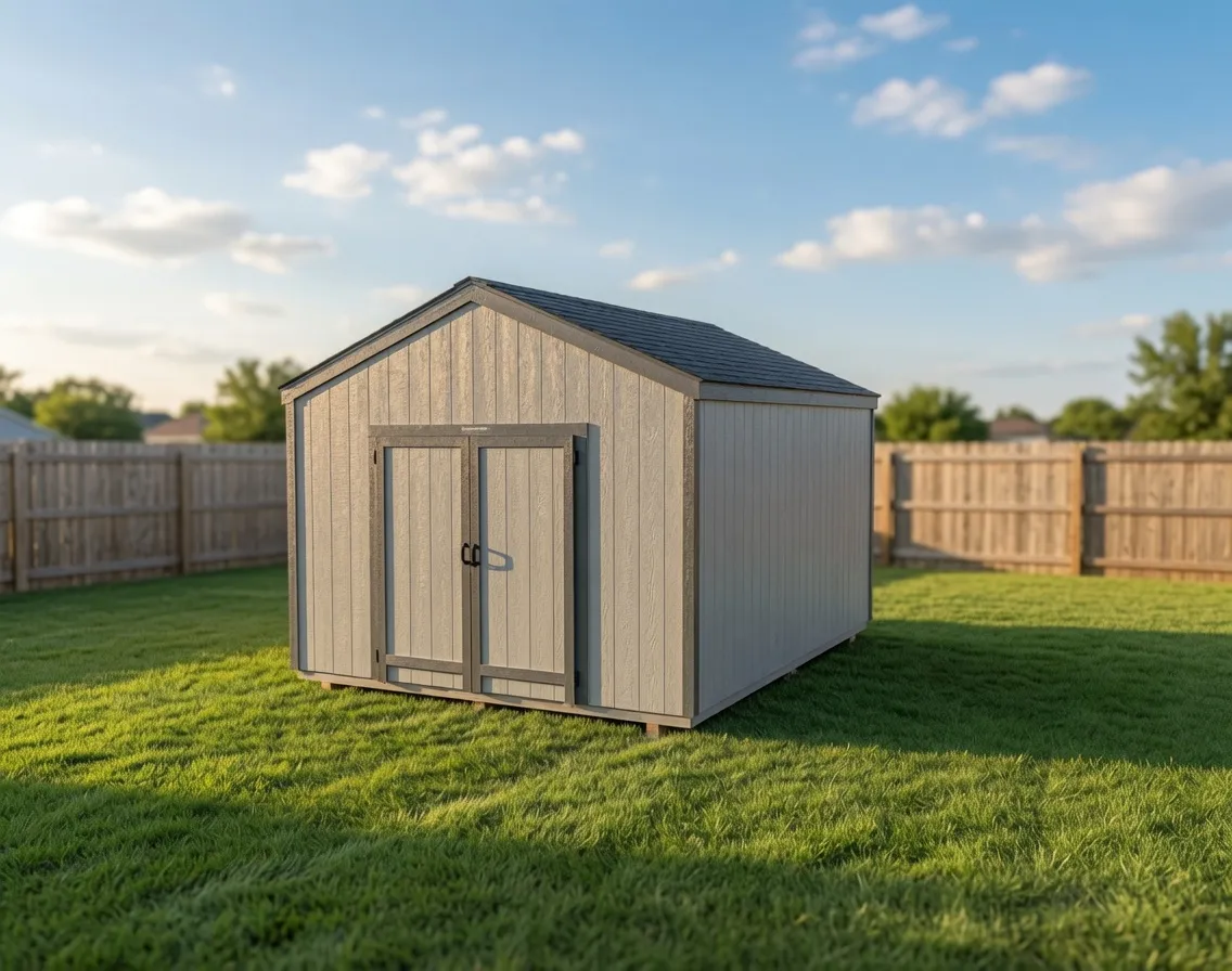grey shed with double doors and gable roof